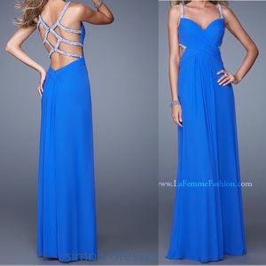 Royal Blue Beaded Prom Dress with Strappy Back